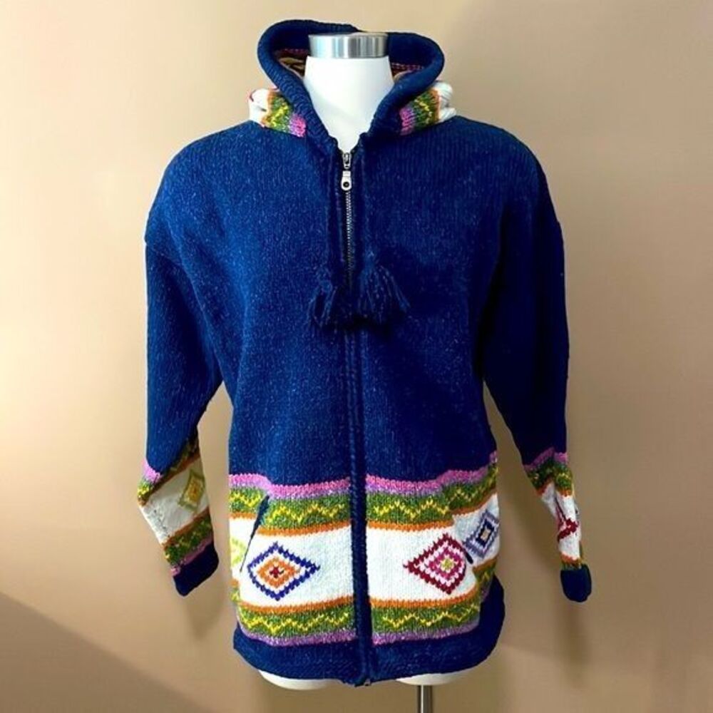 Invisible World Ecuador Tribal Wool Cotton Hooded Zip Sweater Jacket XL Unisex